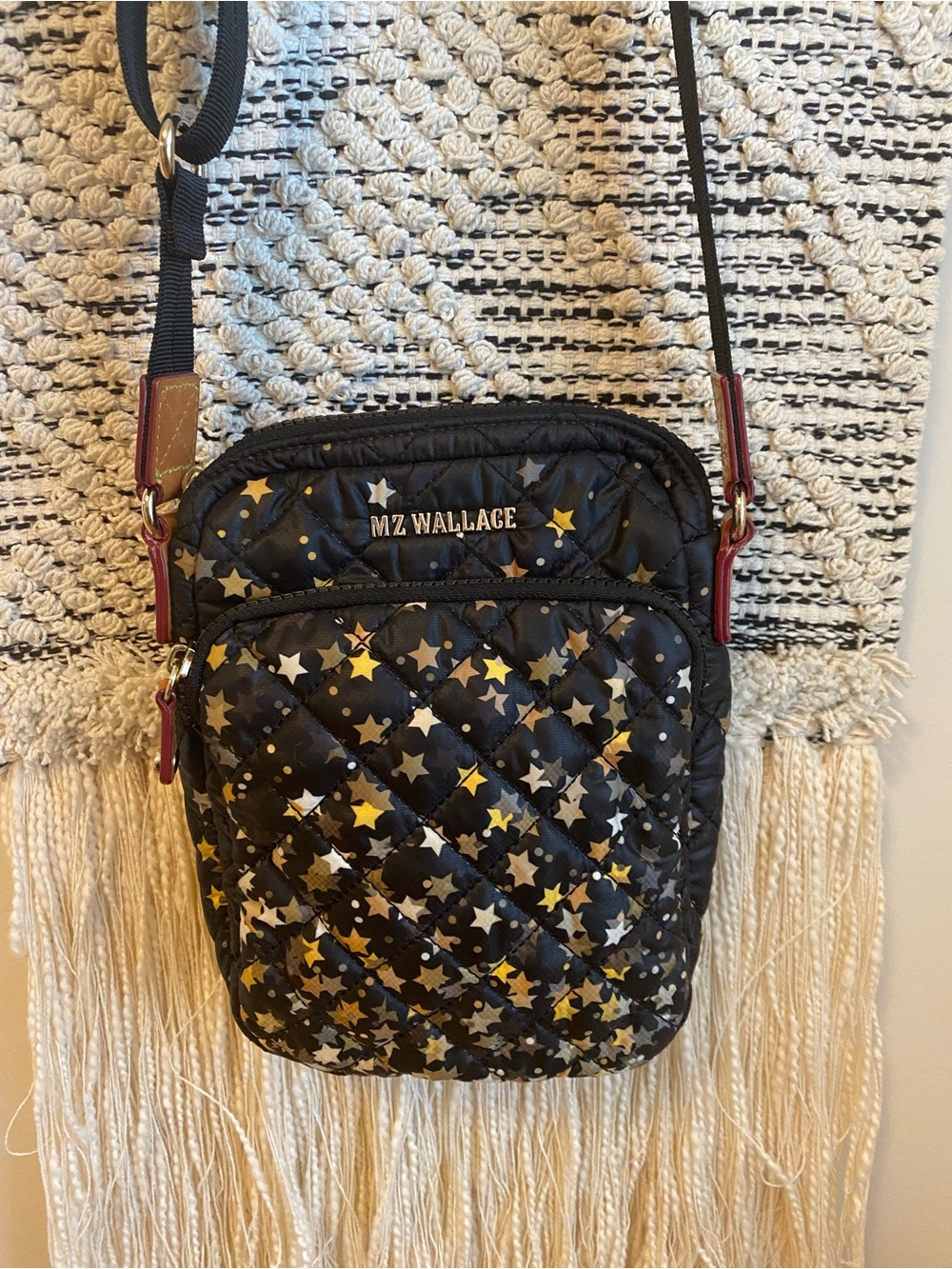 MZ Wallace Black Quilted Crossbody with Gold & Silver Star Print